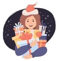 mujer feliz con sombrero de santa con un montón de regalos de navidad y cajas. ilustración vectorial en estilo plano de dibujos animados. personaje femenino para diseños y saludos de año nuevo y navidad. vector