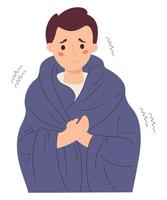 Unhappy man wrapped in blanket, freezing and trembling. Cartoon flat vector illustration. Winter season of sickness and colds, suffering of low minus degrees temperature.