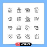 Modern Set of 16 Outlines Pictograph of house home open contact mobile Editable Vector Design Elements