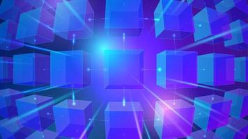 Wallpaper with realistic 3D cubes and neon glowing lines. Hi-tech futuristic abstract blue background with square shapes. Vector illustration for digital technology concept design