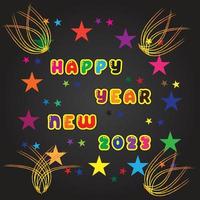 Print 2023 Happy New Year text design  Vector illustration with black labels isolated on Black background