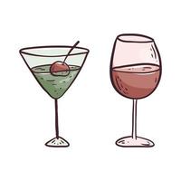 Vector isolated illustration on white background. Doodle picture of a glass of wine or juice and a glass of alcoholic cocktail. Design element