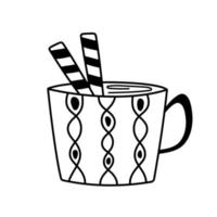 Cute doodle mug. Hand drawn cute mug with straws. Vector cozy hot drink element for decor