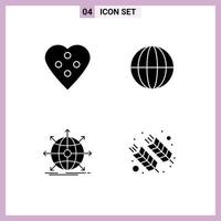 Modern Set of 4 Solid Glyphs and symbols such as button business heart button global international Editable Vector Design Elements