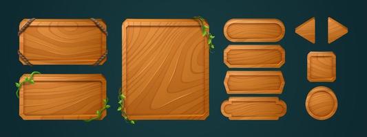 Wooden game buttons, cartoon menu interface set vector