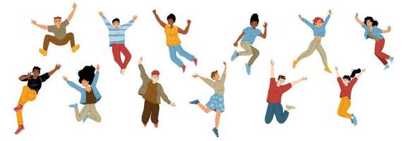 Happy people jump with raised arms, characters vector