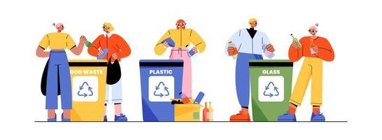 People sorting waste to garbage containers vector