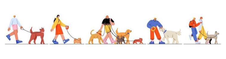 People walking with dogs on leash flat set vector