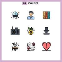 Mobile Interface Filledline Flat Color Set of 9 Pictograms of management radio files device documents Editable Vector Design Elements