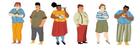 Set of fat people eating fast food on white vector