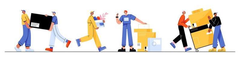 Moving service workers carrying boxes set vector