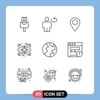 Modern Set of 9 Outlines Pictograph of alert globe map earth scan Editable Vector Design Elements