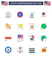 Set of 16 Vector Flats on 4th July USA Independence Day such as icecream independence day sign independece soda Editable USA Day Vector Design Elements