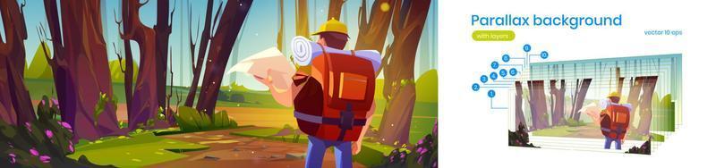 fondo de paralaje con hombre viajero en el bosque vector