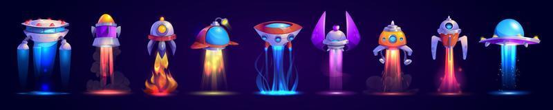 Alien space ships, cartoon ufo saucers and rockets vector