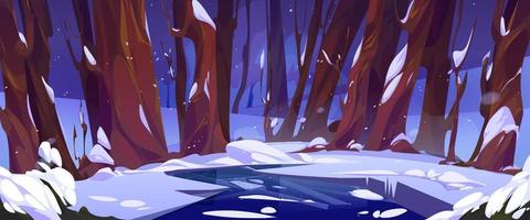 Snowy forest glade with frozen lake in winter vector
