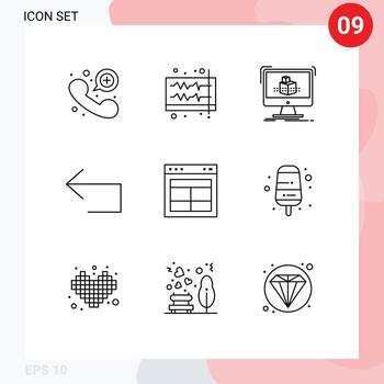 Mobile Interface Outline Set of 9 Pictograms of divide left wave back sketch Editable Vector Design Elements