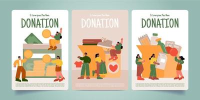 carteles de donación con personas que donan comida, dinero vector