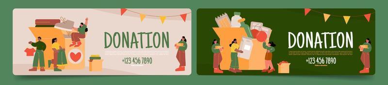 Donation banners with people give clothes and food vector