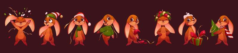 Cute Christmas rabbits cartoon characters set vector