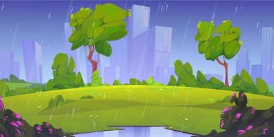 lluvia torrencial en el parque urbano verde, dibujos animados