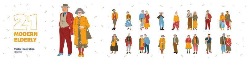 Set of modern elderly people, trendy characters vector