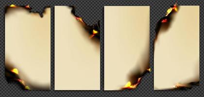 Burn paper with fire, isolated burning cards set vector