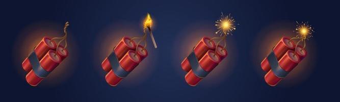 Dynamite sticks with burning fuse and match set vector