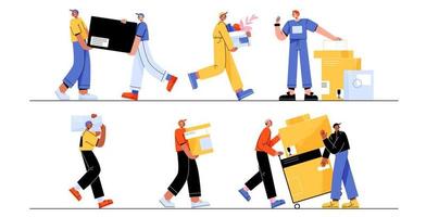 Set of moving service workers carrying boxes vector