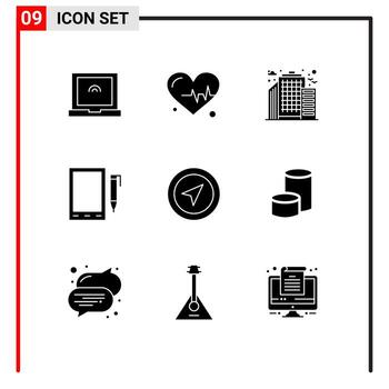 Editable Vector Line Pack of 9 Simple Solid Glyphs of coin pin mobile pointer location Editable Vector Design Elements