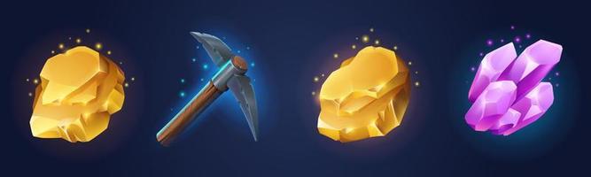 Set of pickaxe, gold and minerals on background vector