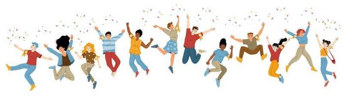 Happy people jump with raised arms, characters win