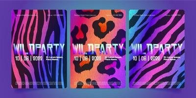 Wild party posters with holographic animals fur vector