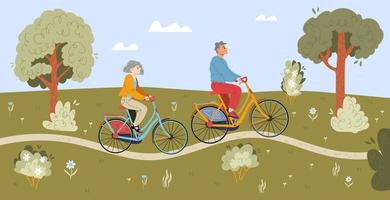 Senior people riding bicycles in summer city park vector