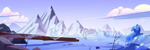 Cartoon winter scenery with rocky mountains vector