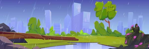 Summer park landscape with lawn in rain vector