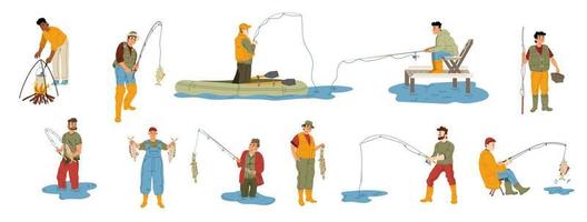 Happy men fishing set isolated on white background vector