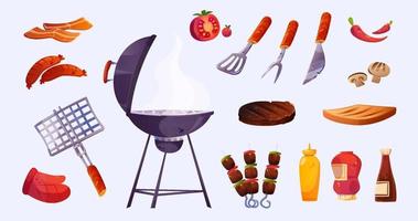 set de barbacoa, comida de barbacoa y elementos de cocina. vector