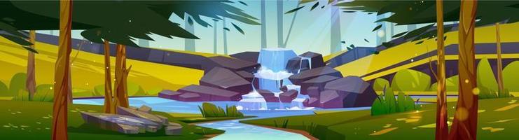 cascada en el bosque de verano, paisaje 2d de dibujos animados vector