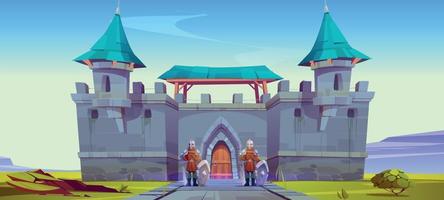 Medieval guard stand at castle gates, game scene vector