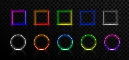 Neon frames, isolated led square and round borders vector