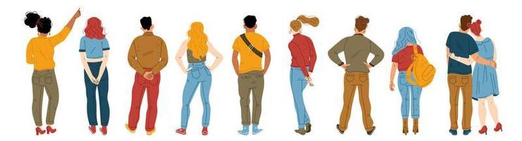 Back view of young people standing in row vector