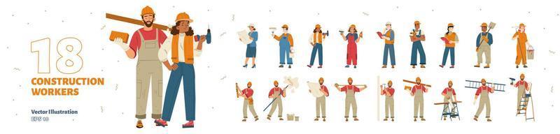 Construction workers set, repair service employees vector