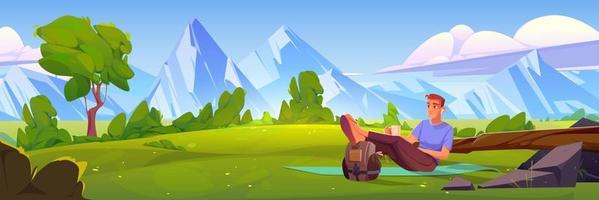 Man rest on mat on green lawn with log vector