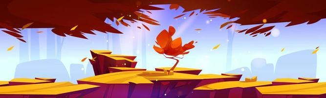 paisaje de otoño de dibujos animados árbol solitario crecer en las rocas