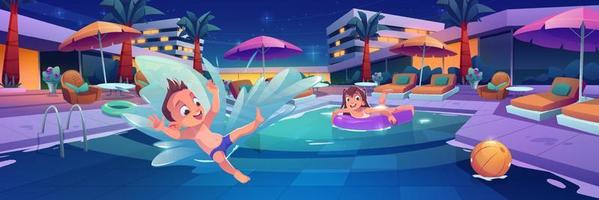 Kids swim and play in pool in luxury hotel vector