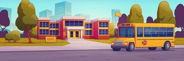 calle de la ciudad con edificio escolar y autobús amarillo vector