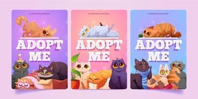 Adoptame carteles con lindos gatos sin hogar. vector