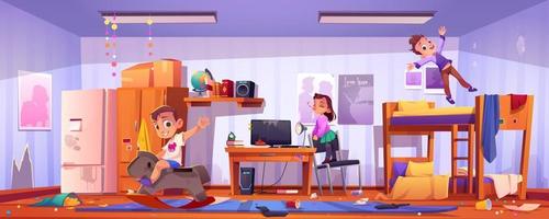 Messy bedroom with playing kids vector