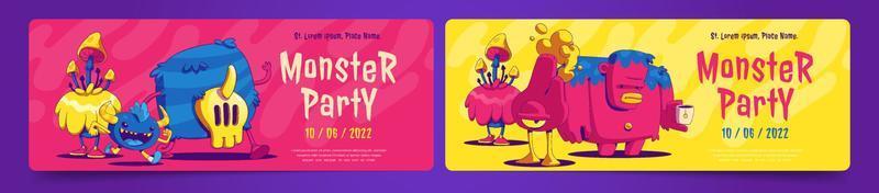 Monster party posters with cute alien creatures vector